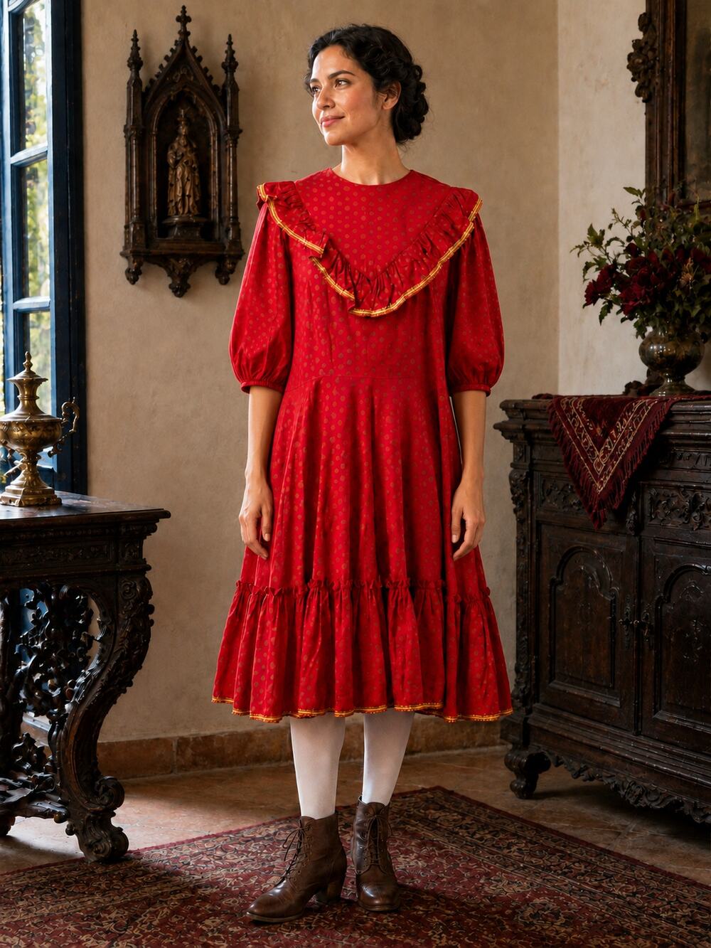 VTG Handmade Red and Gold Ruffled Square Dance Dress with Eyelet Petticoat L-XL